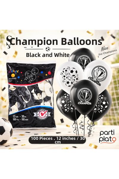 Kikajoy Black and White Champion Printed Balloon 100 Pieces 12 Inch Football ...
