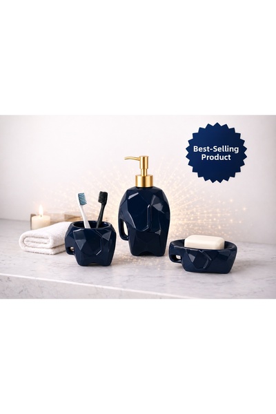 Aşkana yuvanıza aşkla... 3-Piece Ceramic Elephant Figured Navy Blue Decorativ...