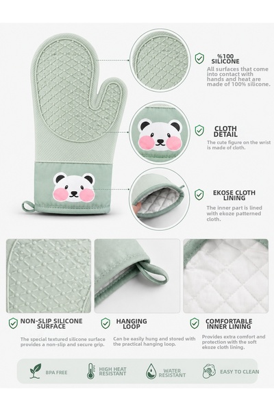 Aşkana yuvanıza aşkla... Most Preferred Cute Panda Patterned Silicone Kitchen Glove,28.5 Cm,Heat Resistant, Non-Slip, Waterproof Silicone Potholder, Kitchen-Oven Glove