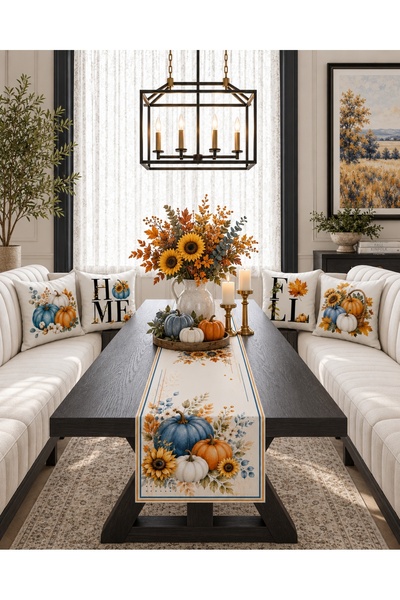 HOMESSA Blue White Pumpkin Autumn 4-Piece Throw Pillow Cover Runner Set