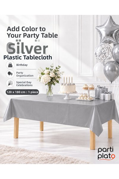 Parti Plato Silver Plastic Tablecloth 120X180 cm Rectangular Birthday Party C...
