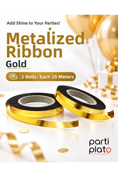 Parti Plato Gold Metalized Raffia 2 Pieces X 25 Meters Balloon String Gift Wr...