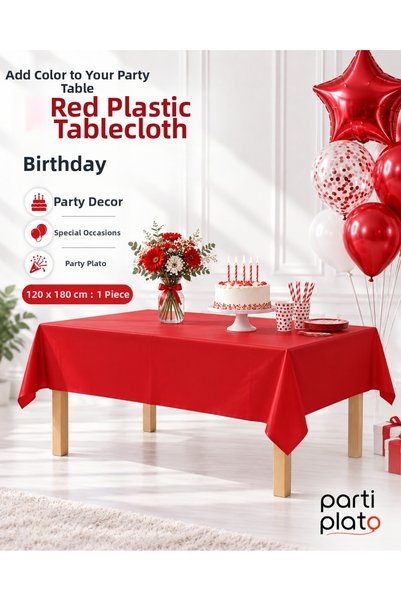 Parti Plato Red Plastic Tablecloth 120X180 cm Rectangular Birthday Party Cove...