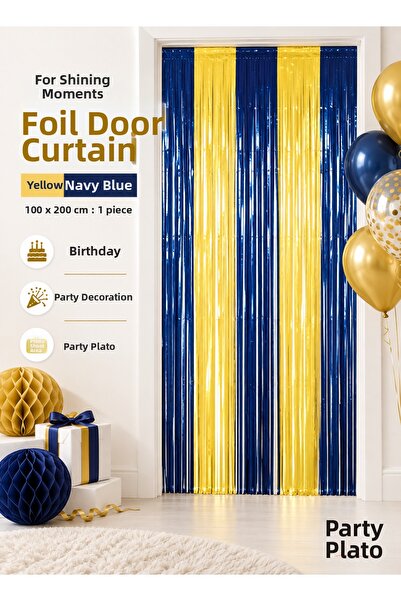 Parti Plato Yellow Navy Blue Foil Door Curtain 100X200 cm Birthday Party Deco...
