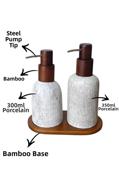 ALBETTO Porcelain 2-Piece Liquid Soap Dispenser Set with Wooden Detail |   Steel Tipped Wooden Pump & Stand Bathroom/Kitchen Set