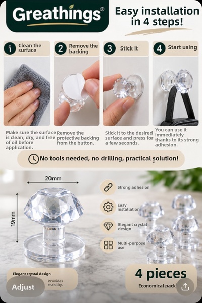 Greathings 4 bucăți mâner adeziv din cristal transparent pentru dulap, sertar, scaun de toaletă, 20 mm