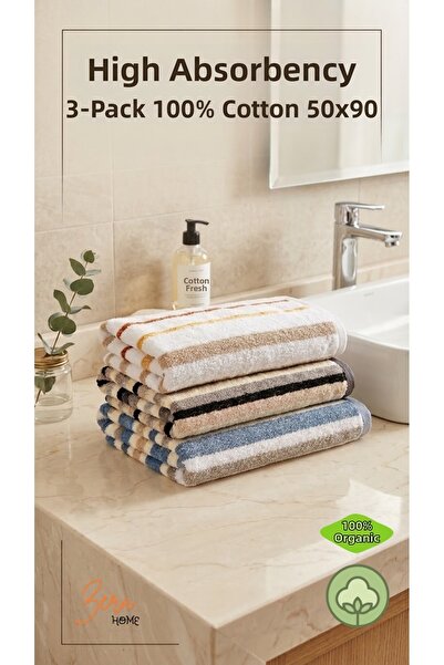 zera collection 3 Pieces of 100% Cotton Patterned Striped Soft Bath and Face ...