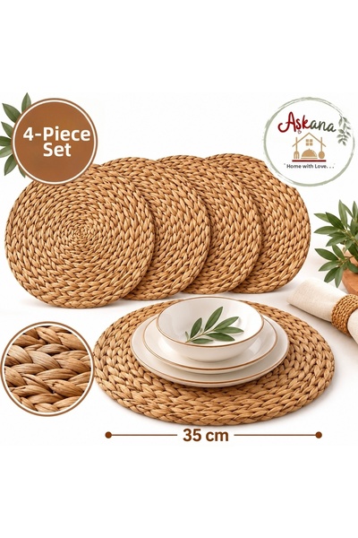 Aşkana yuvanıza aşkla... Aşkan'A 4-Piece Handmade Thick Knitted Bamboo Straw Placemat 35 cm – 100% Natural American Placemat Decorative Jute Tableware Presentation Set