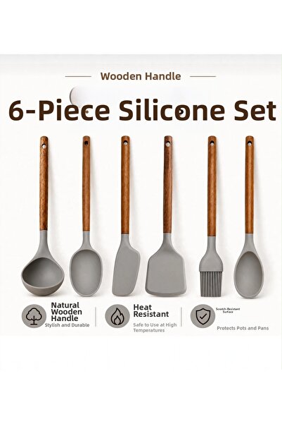 Dem Home 35cm Large Size Wooden Handle 6-Piece Silicone Ladle Set – Spatula-L...