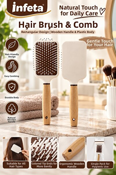 İnfeta White Rectangular Hair Brush with Wooden Handle, Plastic Body, Colorfu...