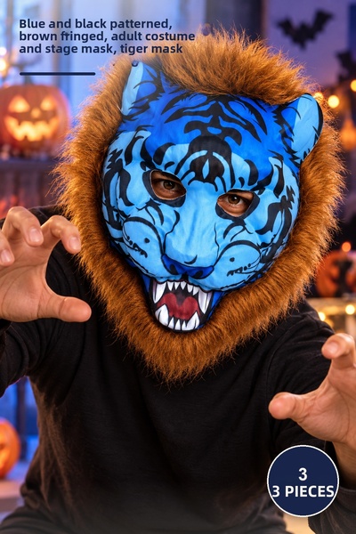 Yenilig 3 Pieces Eva Tiger Mask – Blue with Black Pattern, Brown Mane, Adult ...