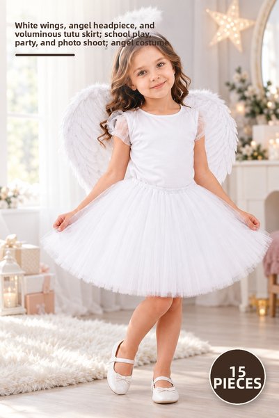 Yenilig مجموعة أزياء الملاك الأبيض للأطفال مكونة من 15 قطعة - جناح أبيض، تاج ...
