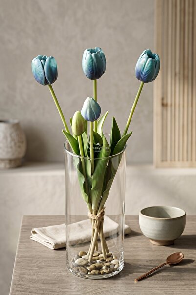 Yapay Çiçek Deposu Artificial Flower Ruri 5-Branch Tulip Tulip Bunch Turquoise