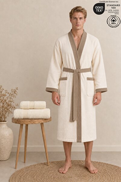 Ellaline 3 Piece Men's Kimono Bathrobe Set 100% Cotton Certified Striped Cont...