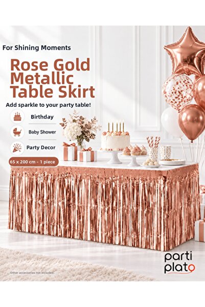 Parti Plato Rose Gold Metallic Table Skirt 65X200 cm with Tassels Birthday Pa...
