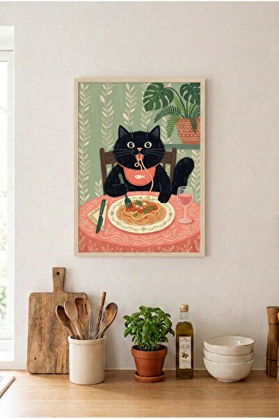 huhuli Cat Eating Pasta Wooden Framed Mdf Painting - Cat in the Kitchen Kitch...