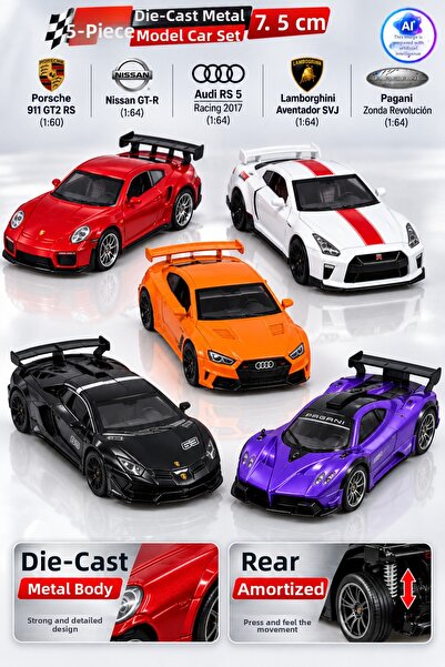 YILDIRIM OYUNCAK 5-Piece Die Cast Metal Model Car Set 7.5 cm – Porsche, Nissa...