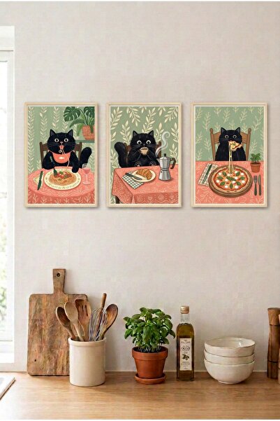 huhuli 3-Piece Cat in the Kitchen Wooden Framed Mdf Painting Set - Kitchen Wa...