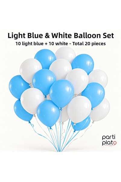 Parti Plato Pastel Light Blue White Balloon Set 20Pcs 11 Inch Latex Balloon B...