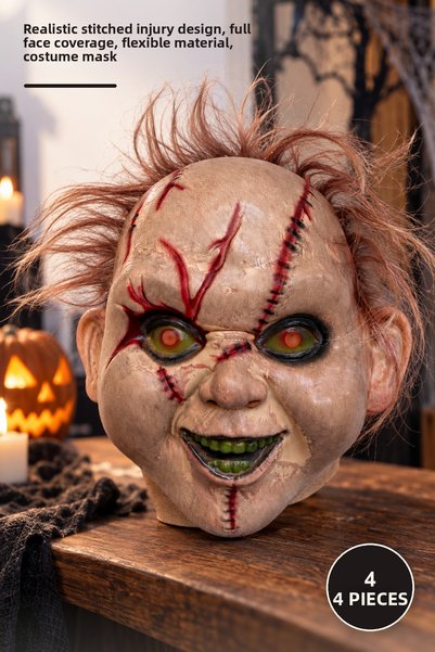 Yenilig 4 Pieces of Green Eyed Horror Mask with Hair – Realistic Stitched Wou...