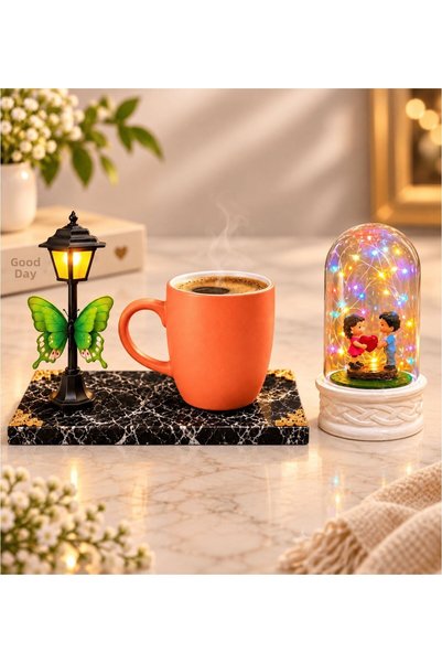 hediye arıları Orange Mug with Street Lamp and Led Light, and Heart-Holding L...