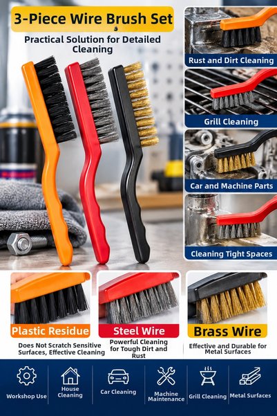 Plodna House New Large Size 3-Piece Wire Brush Set Plastic Bristle Steel Wire Brass Wire Multi-Purpose Cleaning Brush
