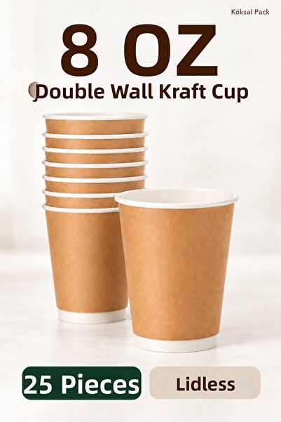 Köksal Pack 25 Pcs 8 oz Double Wall Kraft Coffee Cups Without Lids Double Wal...