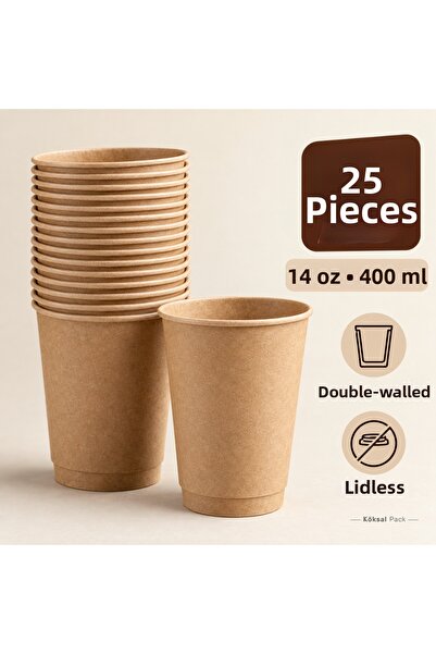 Köksal Pack 25 Pcs 14 oz Double Wall Kraft Coffee Cups Without Lids Double Wa...
