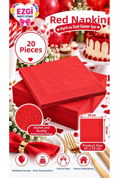 Ezgi Party Store 20Pcs Red Napkins 33X33Cm Birthday Concept Celebration Party...