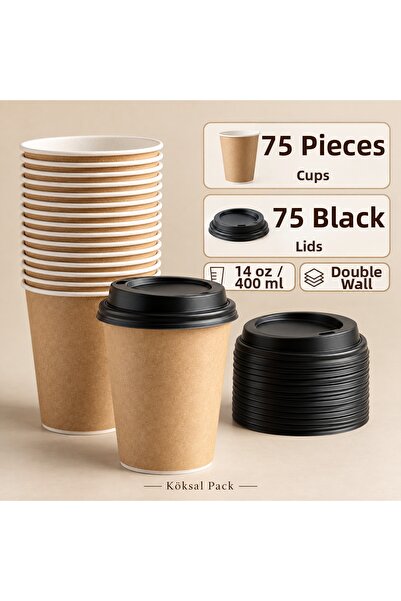 Köksal Pack 75 Pcs 14 oz Double Wall Kraft Coffee Cups + 75 Black Lids Double...