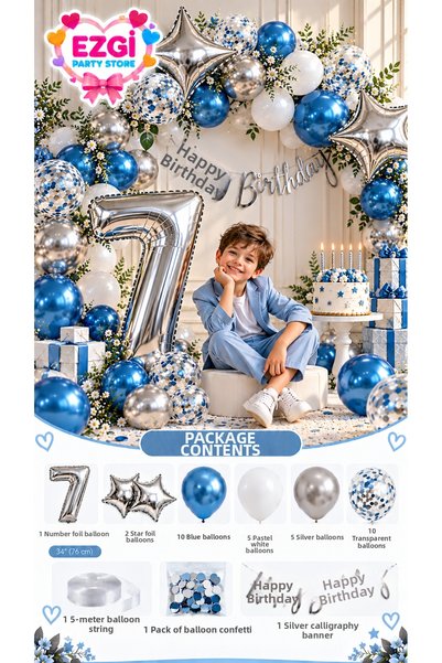 Ezgi Party Store Blue Silver Age Birthday Concept Number Foil Balloon Balloon...