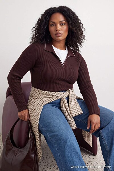 Trendyol Curve Brown Knitwear Collar Detailed Fitted/Fitted Ribbed Stretch Kn...