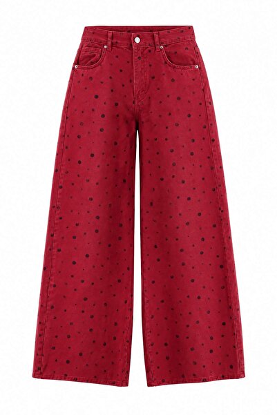 Trendyol Collection Red Polka Dot Patterned High Waist Wide Leg Jeans Twoaw27...