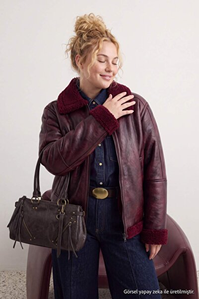 Trendyol Curve Bordo Oversize Kalıp Peluş Detaylı Biker Büyük Beden Ceket Mon...