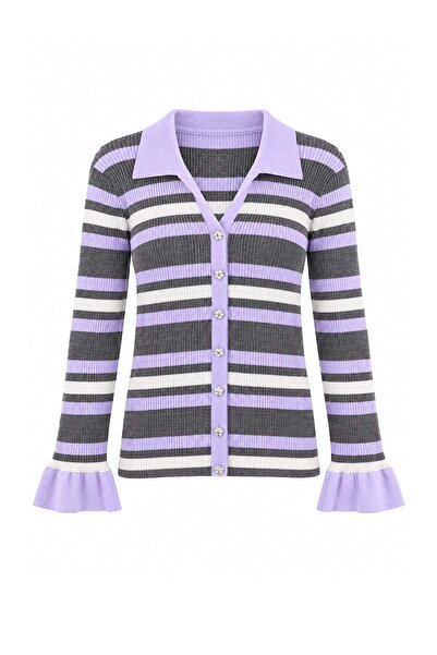 Trendyol Curve Lilac Striped Polo Collar Jewel Button Fitted Plus Size Knitwe...