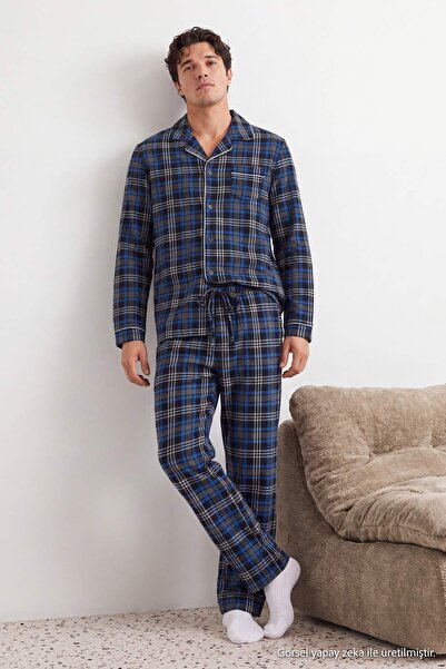 Trendyol Collection Black Regular Fit Plaid Knitted 100% Cotton Pajamas Set T...