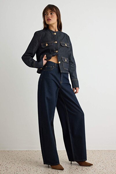 Trendyol Collection Dark Blue Button Detailed High Waist Baggy Jeans Twoaw27J...