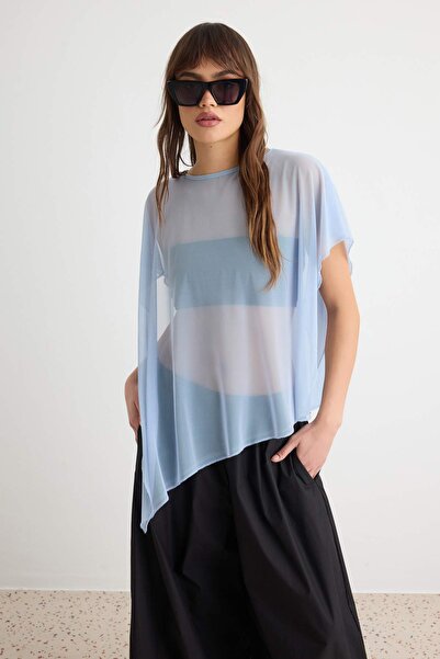 Trendyol Collection Light Blue Plain Oversize Boat Neck Bat Sleeve Sleeveless...