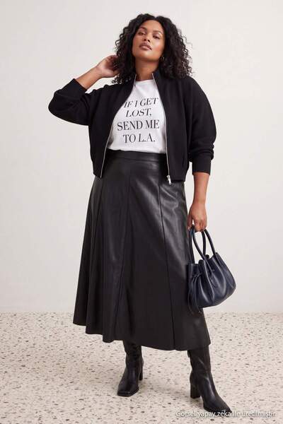 Trendyol Curve Black Woven Faux Leather Maxi Plus Size Skirt Tbbaw27Az00012
