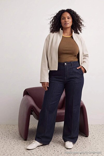 Trendyol Curve Koyu Mavi Dikiş Detaylı Yüksek Bel Ekstra Esnek Wide Leg Jeans...