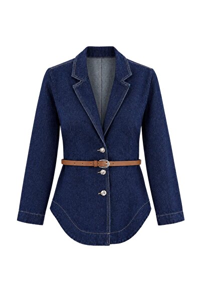 Trendyol Collection Dark Blue Belt Detailed Blazer Denim Jacket Twoaw27Ce00055