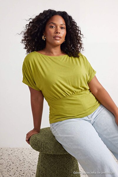 Trendyol Curve Green Fitted/Asymmetrical Collar Short Sleeve Soft Knitted Plu...