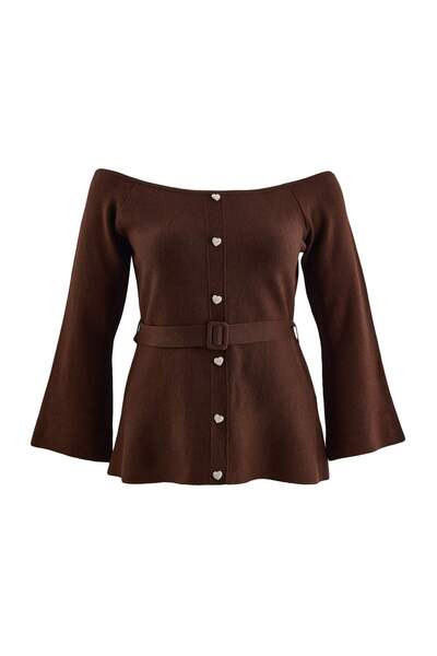 Trendyol Curve Mürdüm Carmen Collar Fitted Belt and Button Detailed Knitwear ...