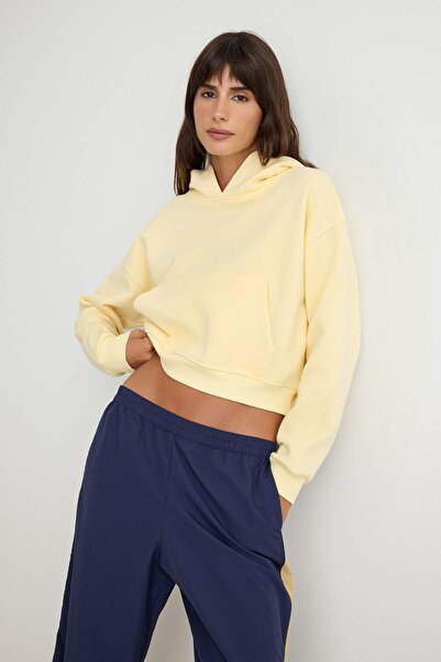 Trendyol Collection Light Yellow Thick Fleece Inside Hooded Kangaroo Pocket O...