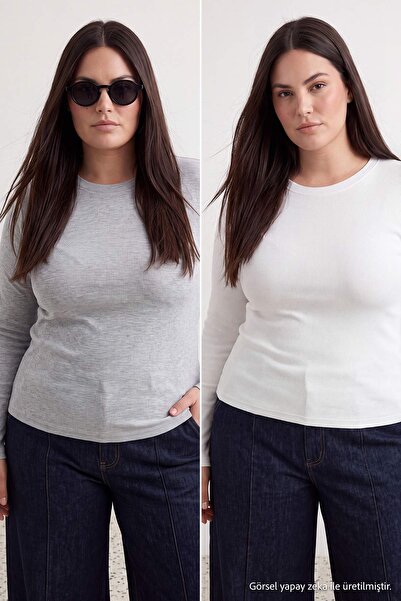 Trendyol Curve Ecru-Grey 2-Pack Crop Camisole Knitted Plus Size Blouse Tbbaw2...