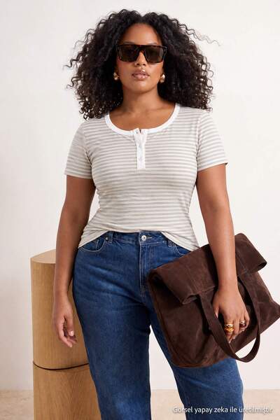 Trendyol Curve Yellow-Blue Striped Button Pool Collar Knitted Plus Size Blous...