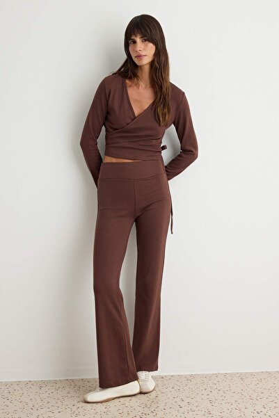 Trendyol Collection Brown Double Breasted Closure Bodycon Long Sleeve Stretch...