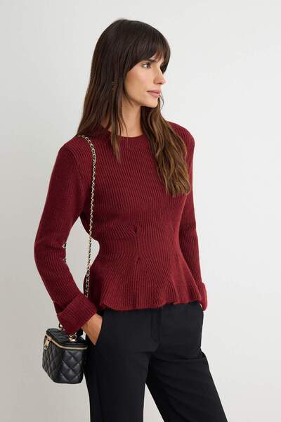 Trendyol Collection Burgundy Soft Textured Skirt Hem with Peplum Detail Knitw...