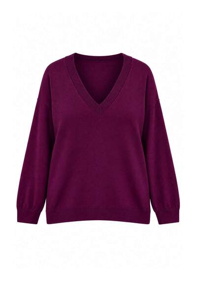 Trendyol Curve Wardrobe Essentials Plum V-Neck Soft Tuşe Knitwear Large Size ...