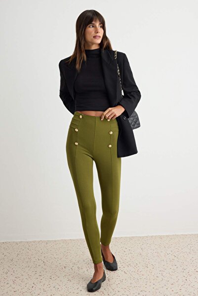 Trendyol Collection Khaki Button Detailed High Waist Cotton Tuck Fabric Knitt...